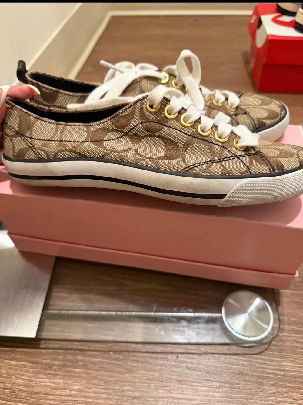 Coach Signature Canvas Low-Top Sneakers in Tan and White